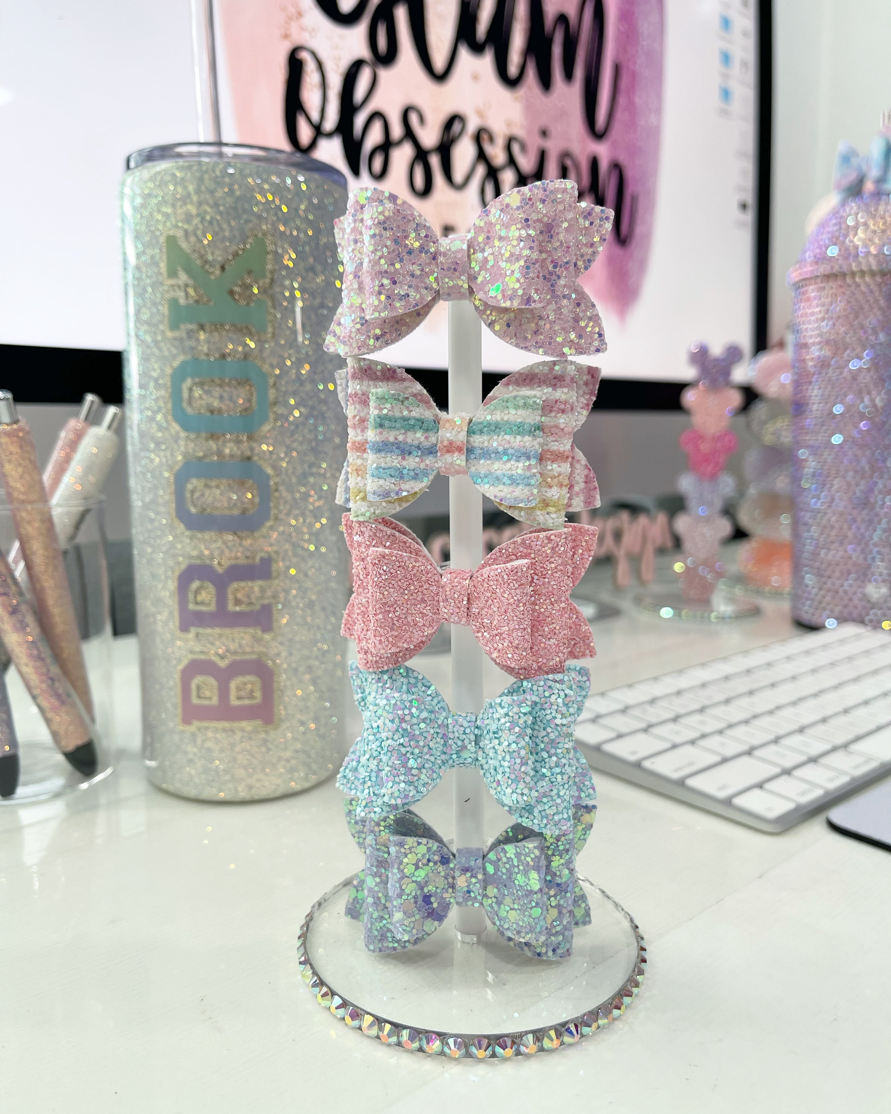 Light Pink Glitter & Holographic Bling Straw Bow Straw Bow Topper